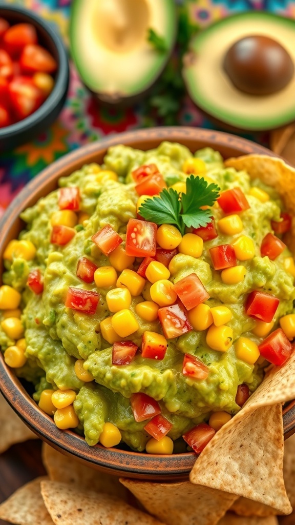 A bowl of corn guacamole with avocado, corn, tomatoes, and cilantro, served with tortilla chips.